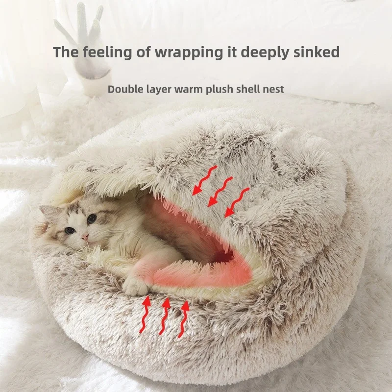 🐚 Cozy Shell Plush Pet Bed – 2-in-1 Warm & Snuggly Cave for Cats & Small Dogs